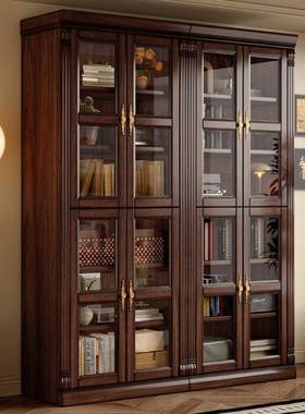 古风书实木书柜书房大组合架黑胡940802#桃中木玻璃门一体抽屉物