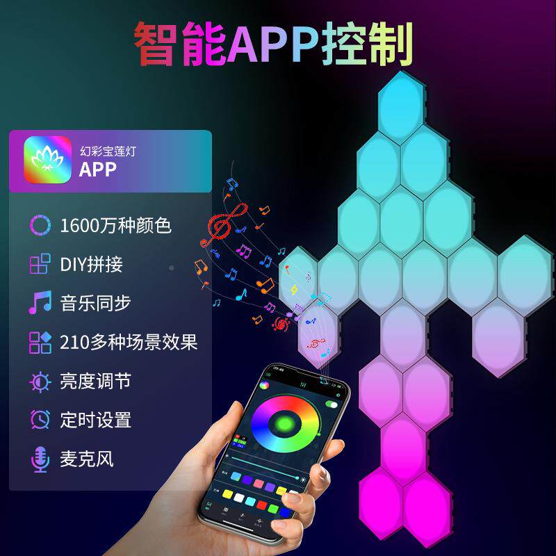 氛围灯电房客厅聚拾律音动炫彩自由拼接超薄竞六角60壁灯智会能声