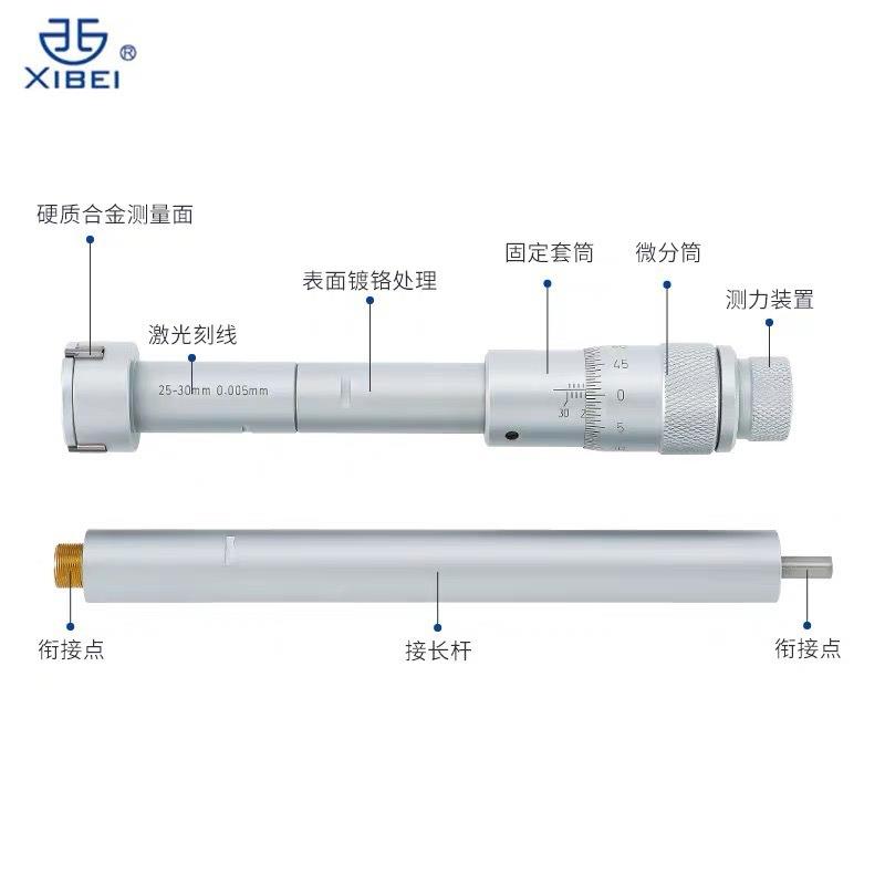 青855游标三点内径千量分尺刻线三尺点三爪内径内测千分测量工具