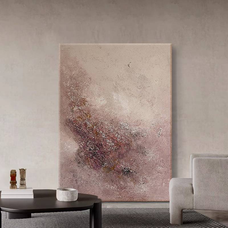 现代极简抽象石英砂肌理客厅挂画粉红背景手绘油画进门玄关装饰画