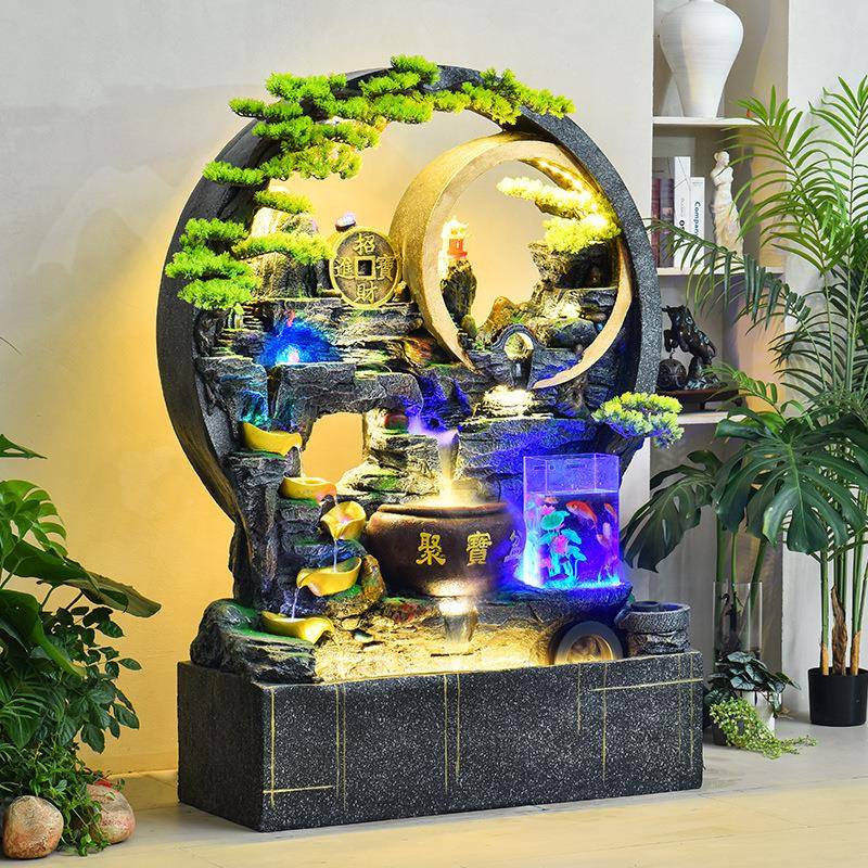 新中式假山喷泉流水VMS幕墙客厅装玄关风加鱼缸湿器景屏观饰落地