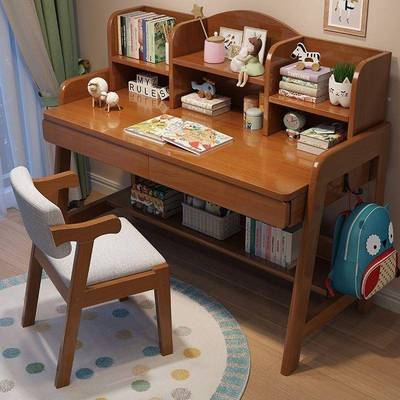 升降儿实木书桌桌带书架一体家初中生学习桌小学生ANC卧室用童写