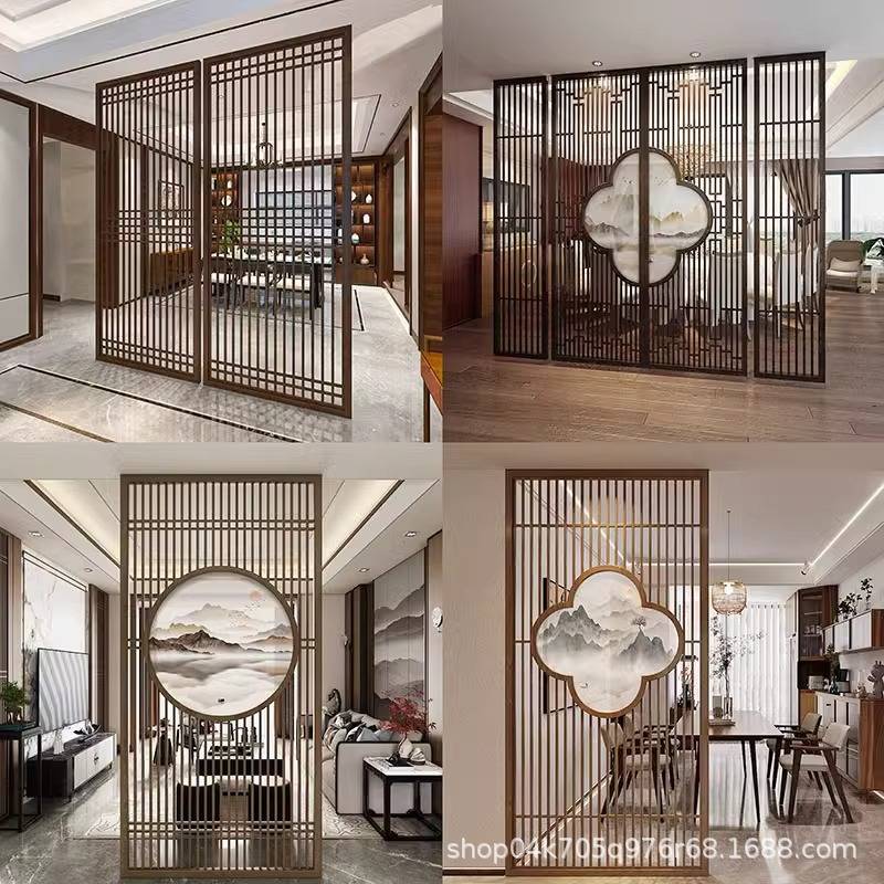 新中式花格纱画屏风隔断实木格栅镂空花格纱画客厅入户对门玄关遮