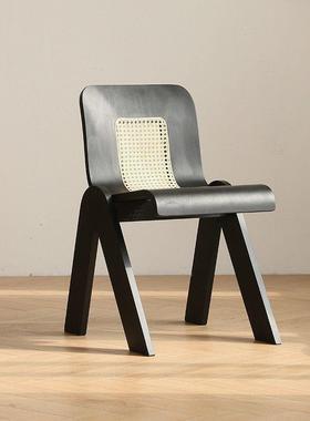 复古轻法奢中FNH式古椅家子创意实木靠背餐椅藤编用卧室单人