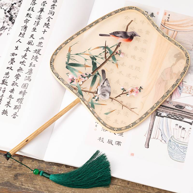 古典中国风湘妃竹苏绣团扇人物动物手工绣工艺扇桑蚕真丝团扇竹制
