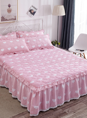 全棉床裙罩c夹棉2021新款床罩子床裙式单件纯棉格子加厚防滑床罩