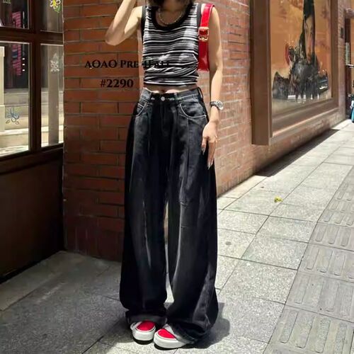 MV2290秋季宽松显瘦复古黑色直筒时尚拉满垂感阔腿牛仔裤女拖地裤