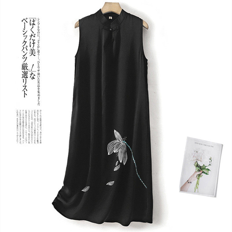 无袖旗袍式连衣裙女2024夏季新款国风气质手绘印花盘扣立领长裙子