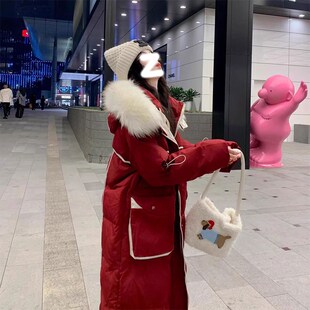 加厚保暖过膝连帽外套 棉服棉衣女冬季 特大码 胖mm红色大毛领中长款