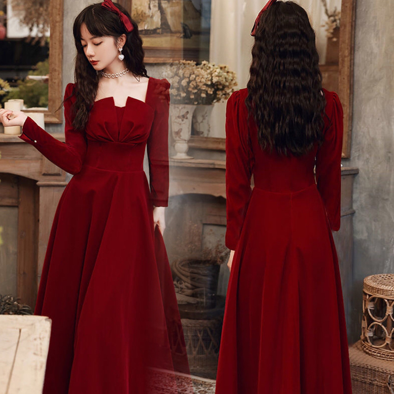 酒红色敬酒服新娘2021新款平时可穿结婚订婚回门晚礼服连衣裙秋冬