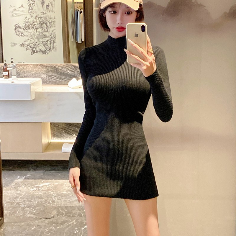 半高领针织连衣裙女秋冬修身显瘦内搭黑色紧身包臀打底毛衣短裙子
