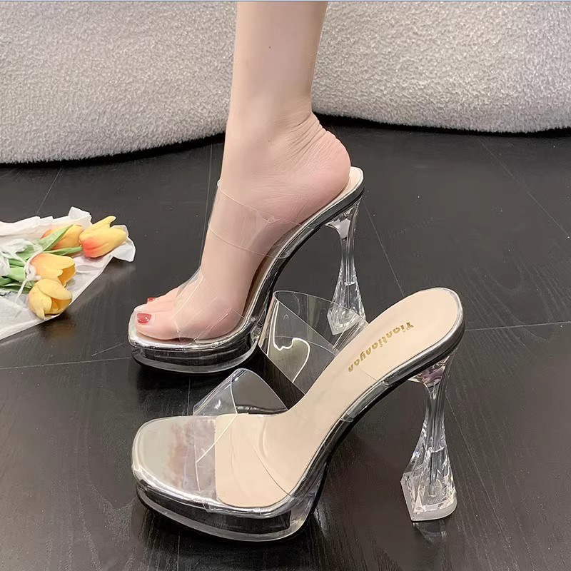 T台模特车展走秀鞋粗跟超高跟凉鞋10CM夜店防水S台透明水晶拖鞋女