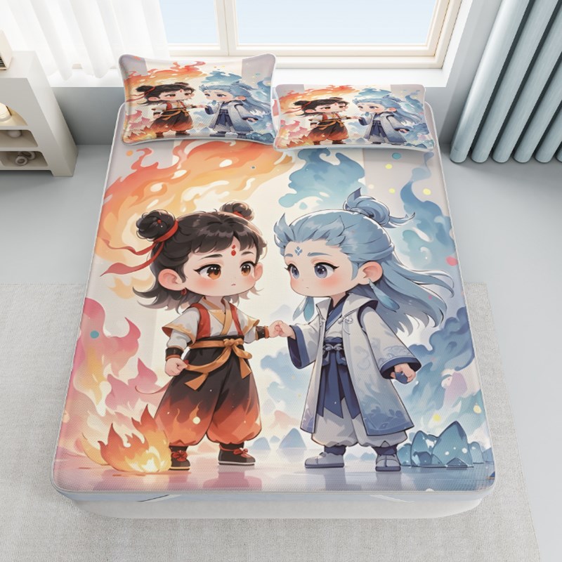 哪吒敖丙夏季冰丝凉席三件套卧室儿童床单软席子学生宿Y舍可机洗