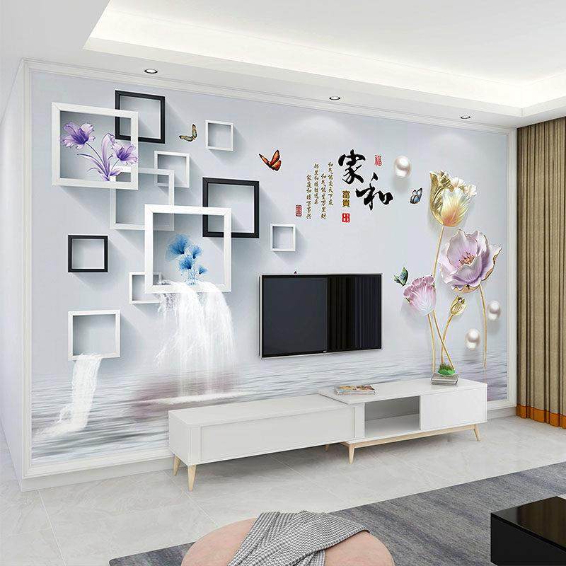 8d电视背景墙壁画现代简约客厅荷花家和影视墙壁纸3d立体墙布自粘