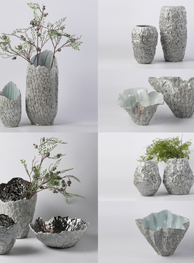 现代简约新中式荷叶边花盆花器z摆件样板间售楼部客厅玄关花瓶装