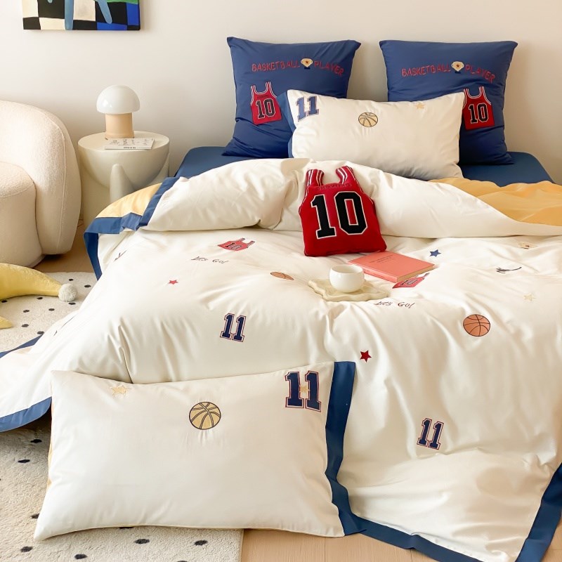 篮球男生100Sj双股长绒棉四件套可爱卡通刺绣被套床单1.8m床上用