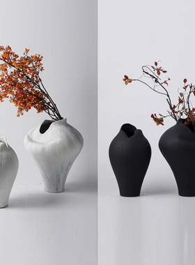 现代新中式灰白黑色手p工陶瓷花瓶摆件样板间酒店客厅玄关花器装