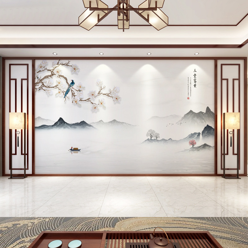 2021年新款背景墙n电视壁纸客厅沙发卧室定制壁画8d新中式花鸟墙