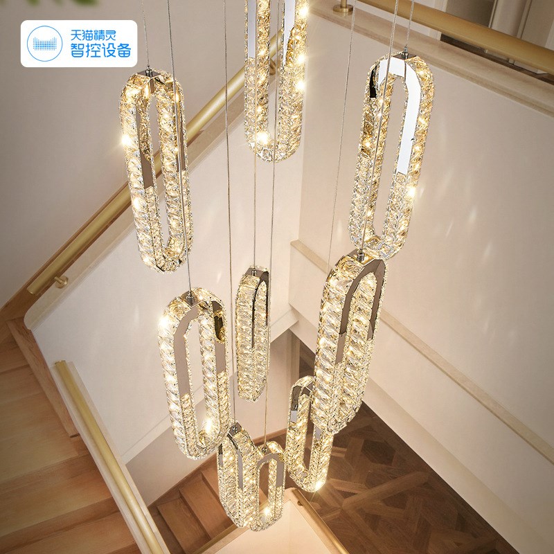 复式楼大吊灯别墅客厅吊灯跃层挑A空水晶吊灯轻奢楼梯间吊灯长吊