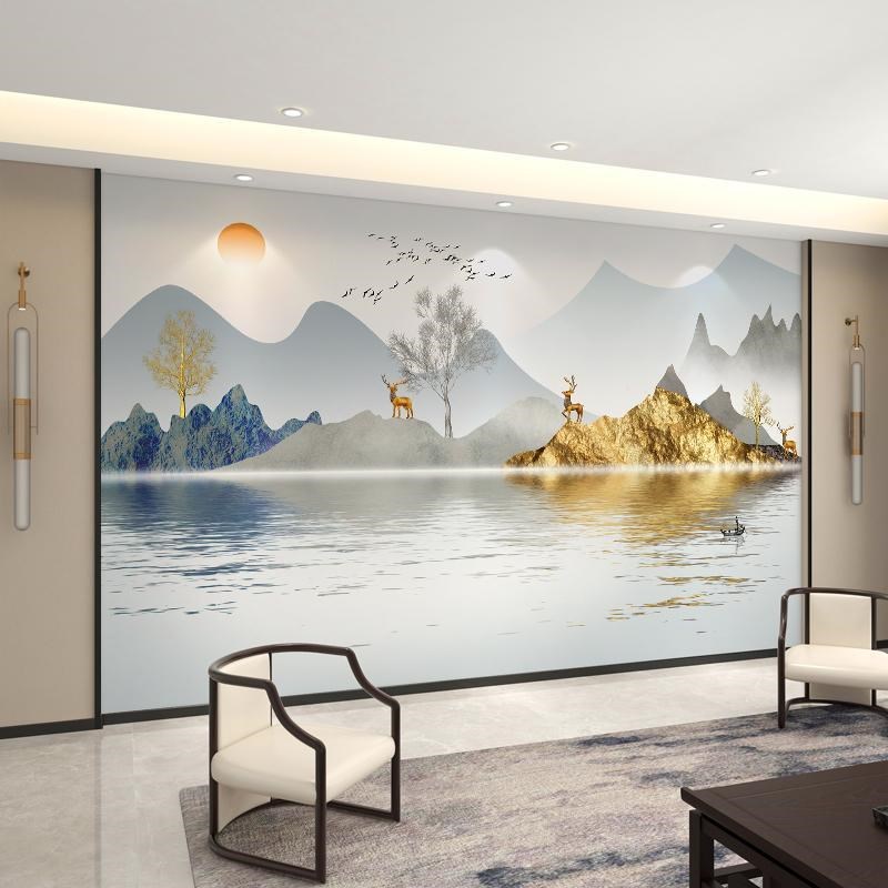 2025新款电h视背景墙壁布客厅8d立体凹凸壁画中式山水壁纸墙布装
