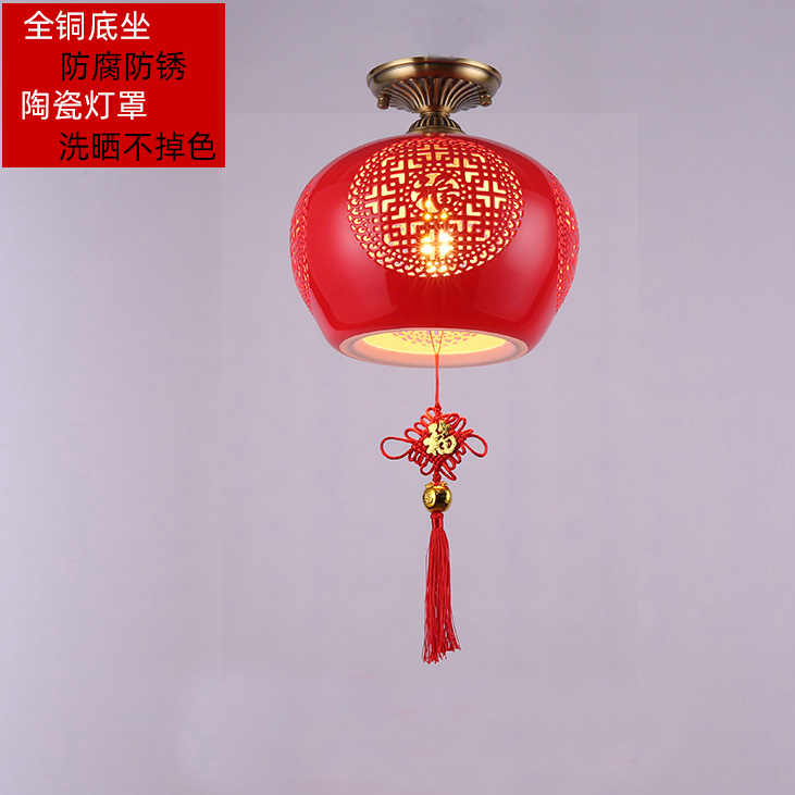 红灯笼全铜玄关入户走廊r过道轻奢卧室阳台吸顶灯乔迁大门灯红陶