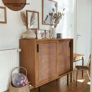 北欧实木茶柜日本藤餐具柜铁制入口柜覆古鞋柜客厅简易储物柜