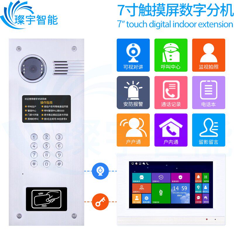 璨宇智能 7寸触控数字室内分机 TCP/IP可视门禁系统家用电话门铃