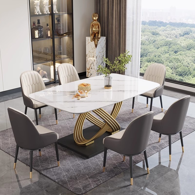 现代简约亮光岩板餐桌椅组合家用意E式轻奢长方形桌子小户型饭桌