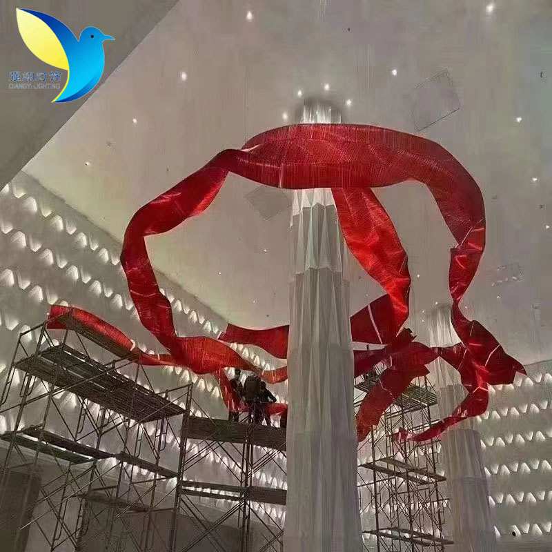 婚庆礼堂装饰吊顶红色玻璃飘带艺术LED玻璃吊灯酒店展厅彩带吊灯