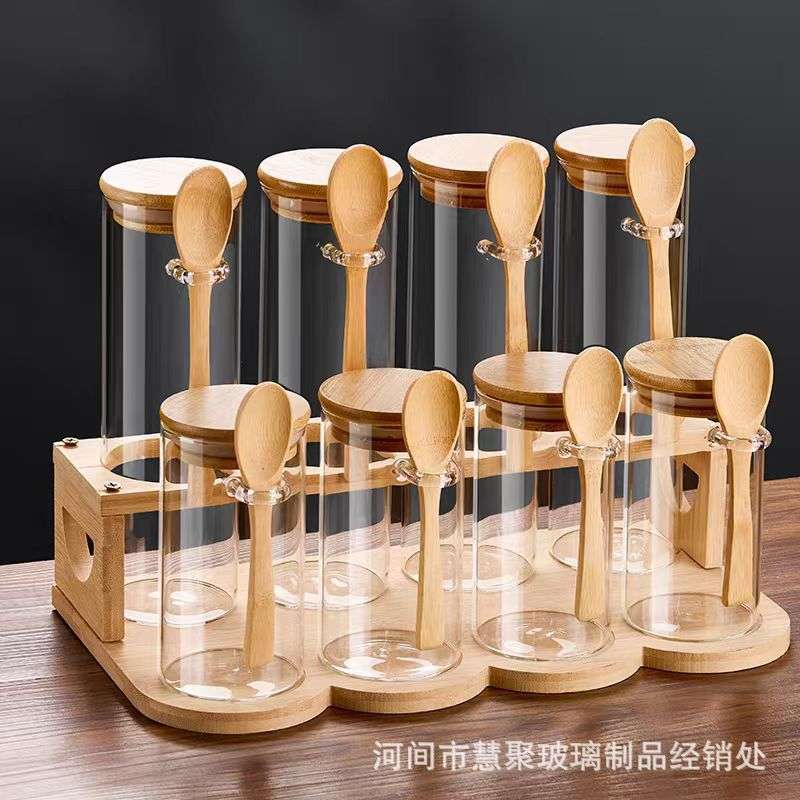 圆形玻璃密封罐家用咖啡豆储存罐带木勺调料瓶厨房食品储物罐套组