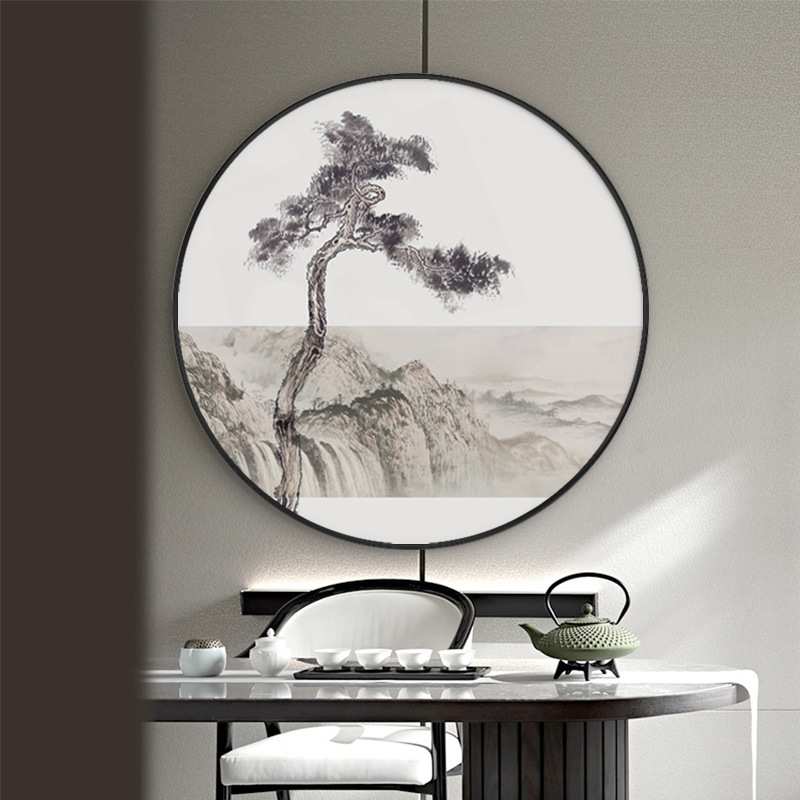 松竹雅境 新中式玄关装饰画山水挂画中国风水墨画竹报平安圆形画
