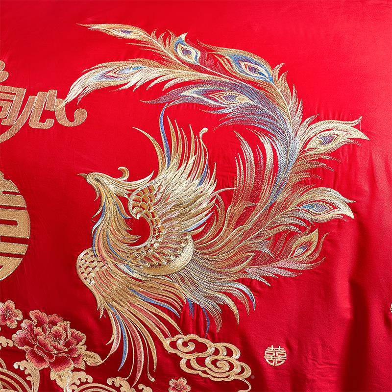 高婚庆四端件套大红纯全棉刺绣龙凤结HZY-260婚房嫁床上用品棉厂