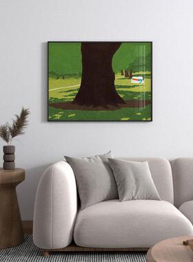 日韩创意小清新笔风景装饰画简森林20230322湖意泊天空云版画境客