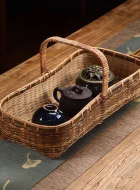 VWX编提篮古风大漆茶点篮复纳古手提篮竹篮便竹携野餐篮子水果篮