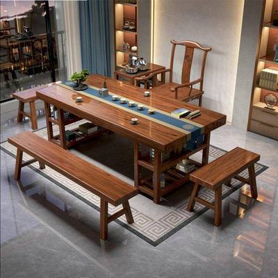 中桌式实木大板茶台公套司用功EXC夫全套储物原家木办公茶装