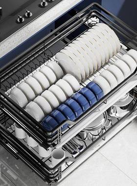 加篮粗冲双层08214不锈钢柜拉篮抽屉式调味篮厨房碗碟橱架缓收纳