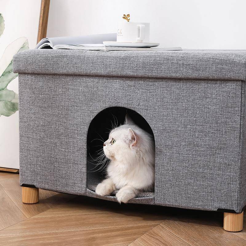 厂家直宠物猫狗收纳棉麻布窝凳艺狗猫窝可折叠销储物凳581实木脚
