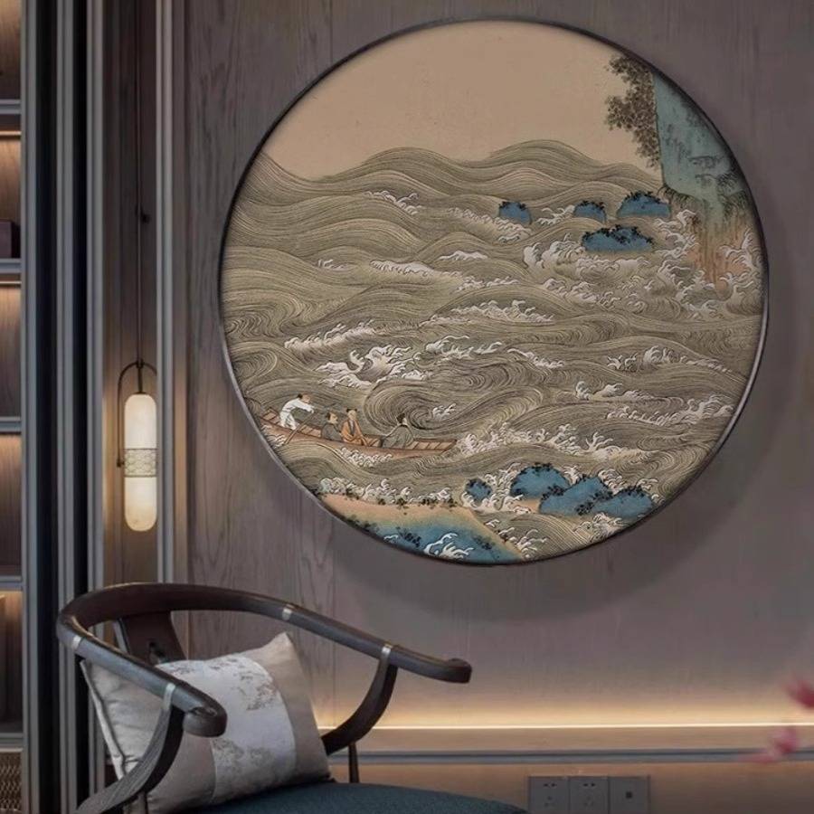 新中式酒店大堂圆形挂画客厅茶室玄关走廊壁画国风山水楼阁装饰画图片