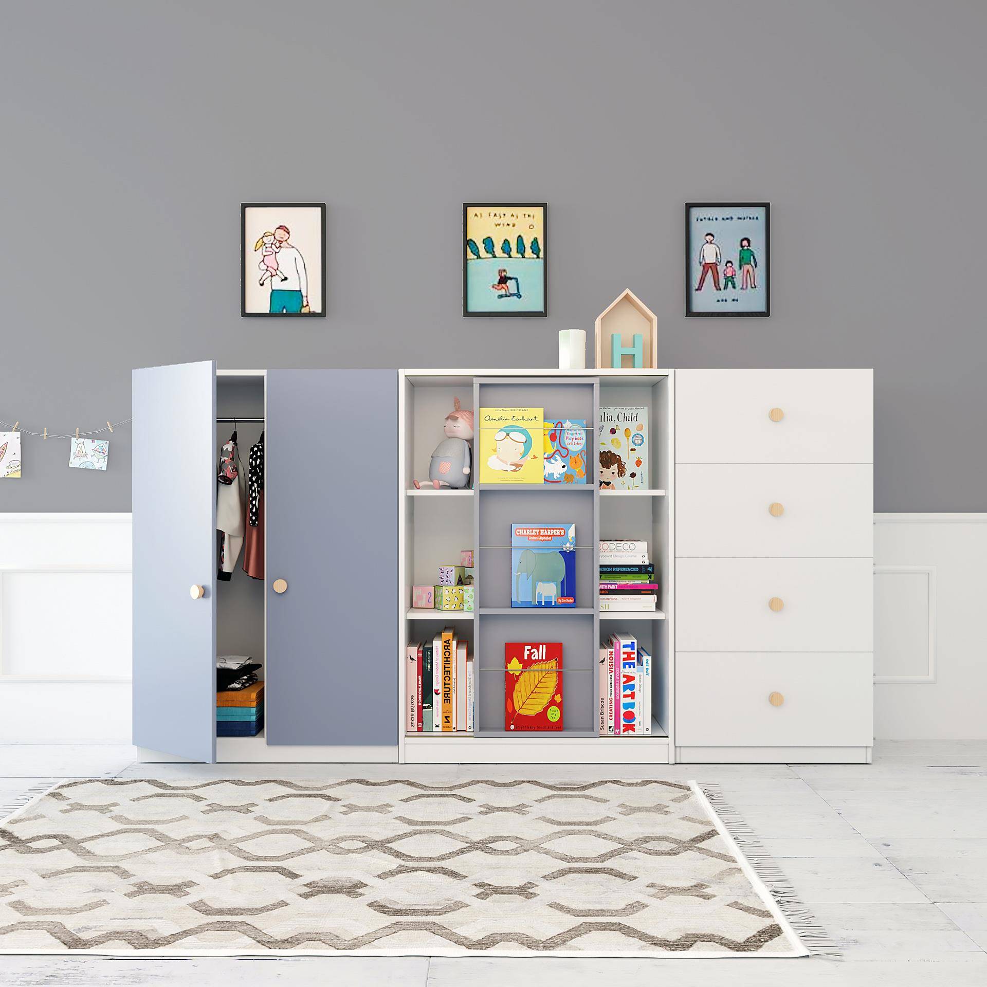 实木儿童衣柜家用卧室小衣书柜XDD男孩孩组合储架收女纳柜物柜