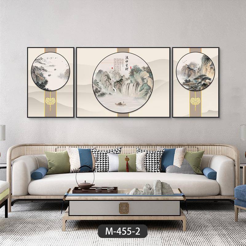客厅背景装饰画壁画山水画三联画新中式海纳百川流水生财沙发背景