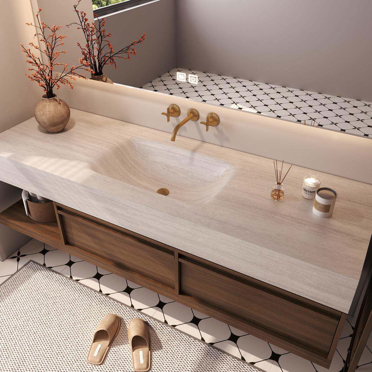 中古风洞石色岩板热弯无缝一体盆浴室柜组合卫生间洗漱台盆垒德株