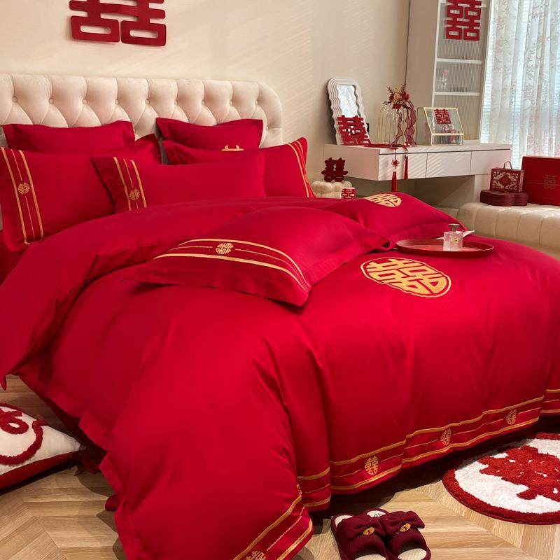 简约中式婚庆四件套大红色龙凤刺绣喜被婚房床单被套结婚床上用品,床上用品,婚庆床品套件,淘宝优惠券,粉丝福利购,淘宝优惠卷