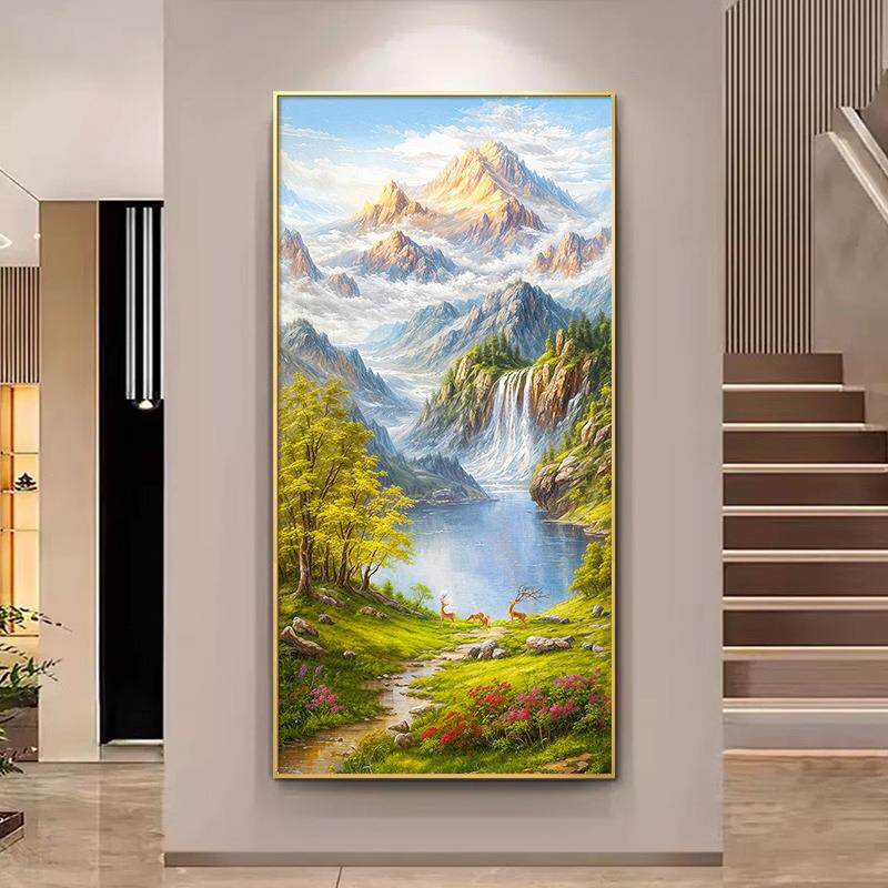 聚宝盘入户玄关装饰画轻奢走廊过道山水画壁画正对门背有靠山挂画