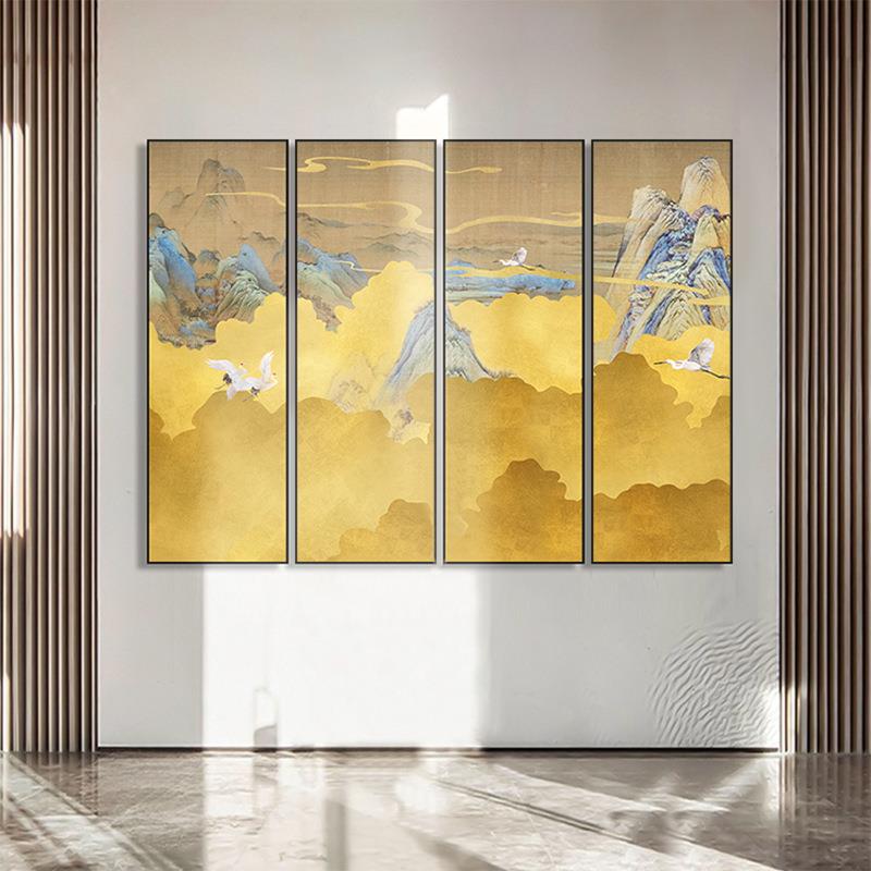 中式竖版装饰画抽象黄色意境风景画酒店大堂四联画茶室瑞鹤图挂画