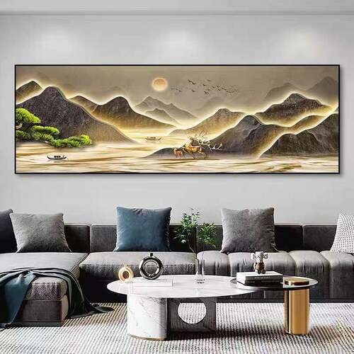 办公室横板壁画背有靠山挂画现代客厅沙发装饰画新中式茶室山水画