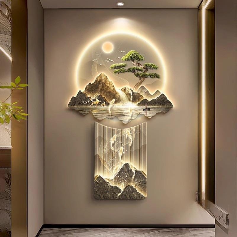 鱼图入户门玄关装饰画轻奢客厅走廊尽头挂画中式正对墙发光壁画