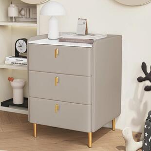 岩板床头高柜子现代简约轻奢感皮质储物柜多层卧室床边收纳柜