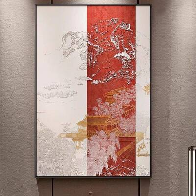 入户玄关立体浮雕挂画酒店过道壁画新中式山水楼阁高档大气装饰画