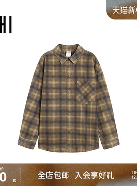USHI悠时 美式复古潮流撞色格纹休闲时尚易搭长衬衫男装