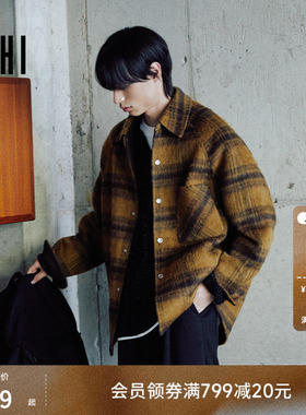 USHI悠时 男士格纹毛呢大衣翻领设计复古秋冬休闲时尚上衣外套